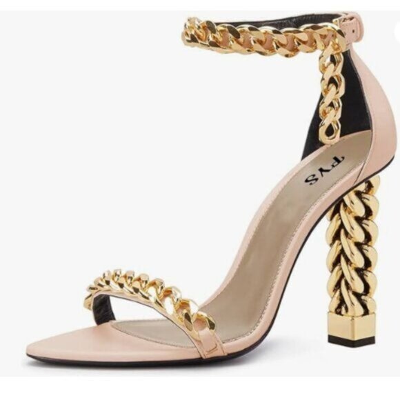 FYS Beige Sexy Golden Metal Chunky High Heel Chains Decor Open Toe Dressy Sandal - Picture 1 of 8